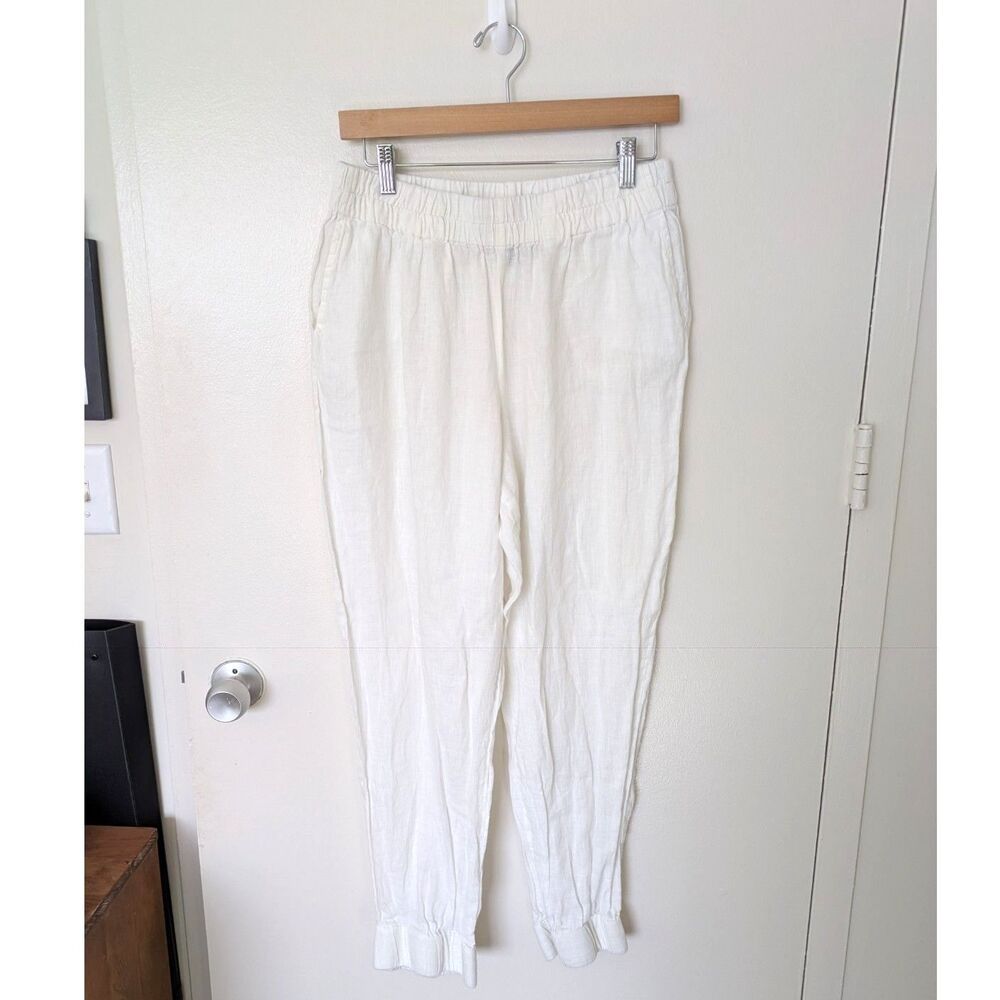 Flax Lagenlook Tapered Leg White Linen Pants with Elastic Waistband Sz S